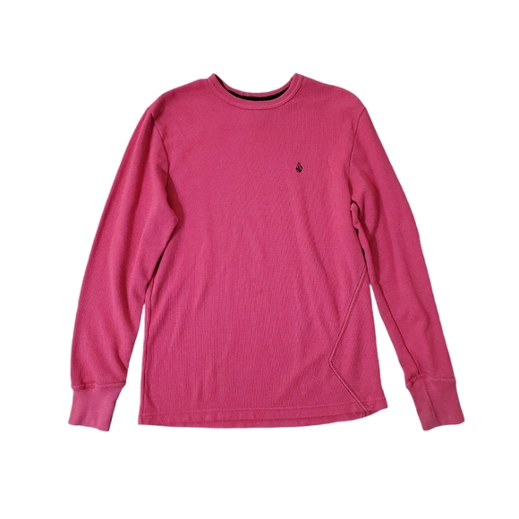 Volcom Women's Pink Waffle Knit Thermal Pullover Long Sleeve Top Large - Picture 1 of 6